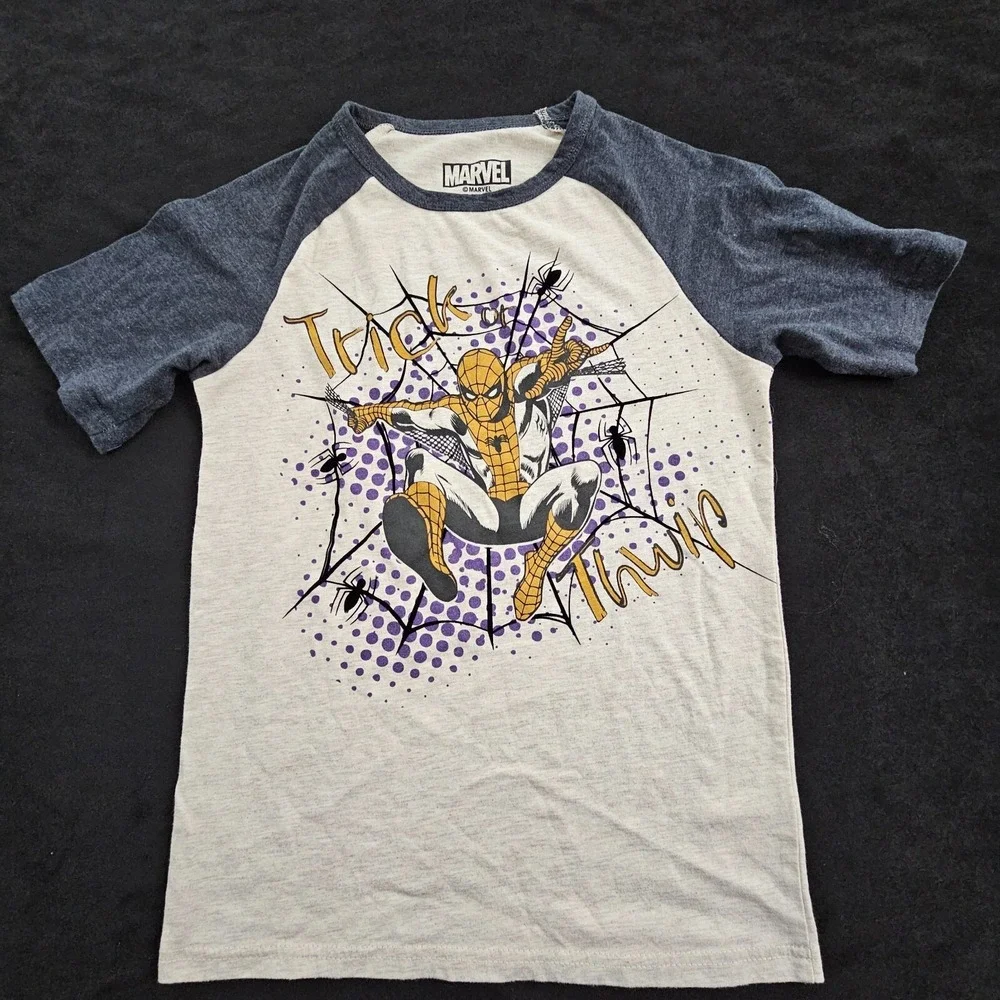 Trick or Thwip Spiderman Halloween Beige/Gray Short Sleeve T-Shirt Boys L(10/12)
